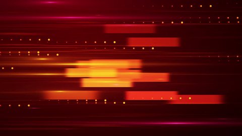 Technological background with fast motion of rectangles. Abstract background of data transfer on colorful backdrop with glow particles and light beams. Animation of seamless loop.
