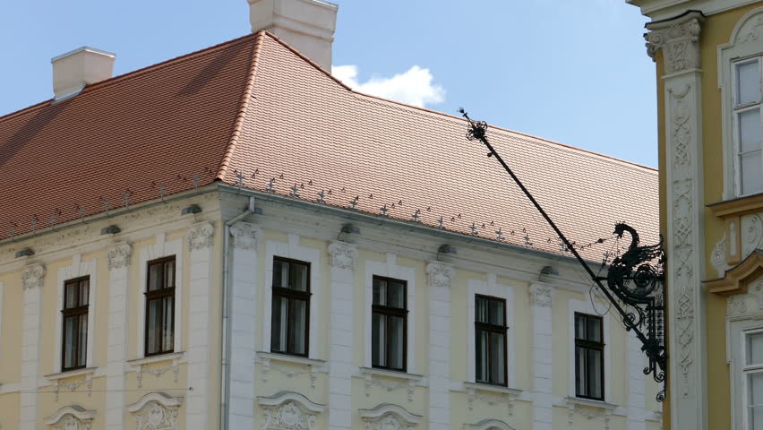 Panoramic view in 4K with details of historical buildings in Union Square, Timisoara, Romania.