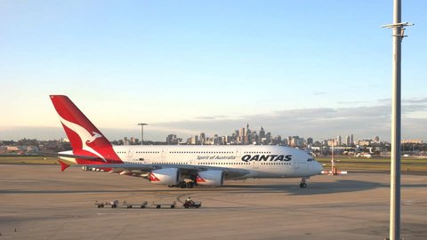 SYDNEY AUSTRALIA -CIRCA AUGUST 2015: a qantas airbus A380 leaving for takeoff in sydney, australia