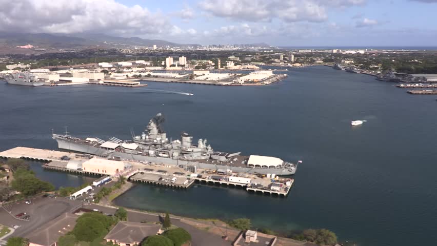 Aerial View of USS Missouri at Pearl Harbor, Hawaii  4K
