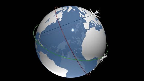 Planes flying around the blue globe along colorful routes - with alpha channel