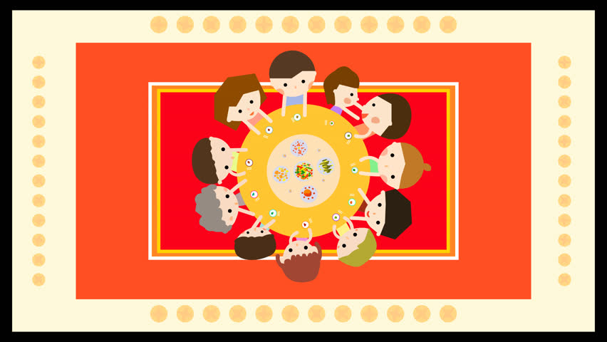 4K cartoon animation footage video clip of Happy Chinese New Year Eve celebration, Spring Festival event party. Family reunion dinner, holiday feast, delicious traditional food. Cute character talking