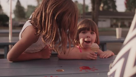 A girl wipes ice cream on her sister's nose at a picnic table