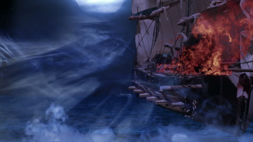 Two Fighting Pirate Colonial Sailboat with Firing Cannon Balls at War, 4K