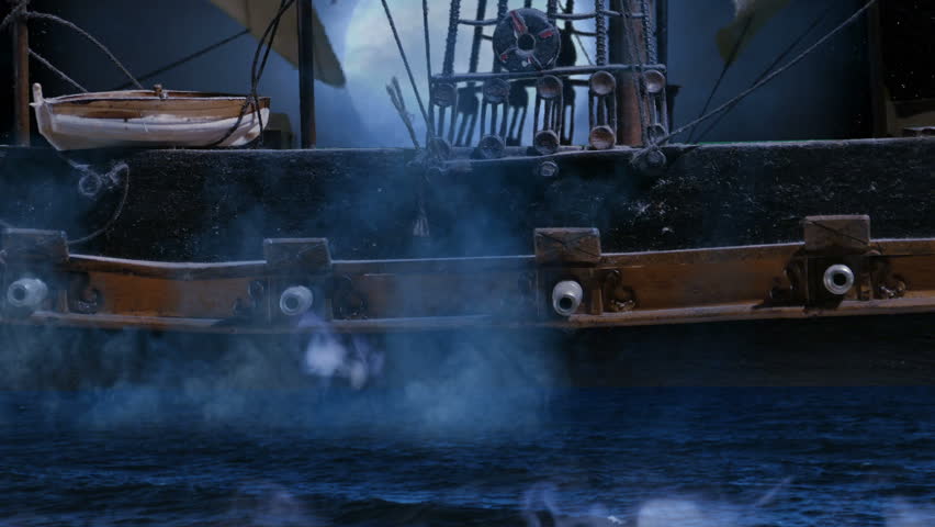 Pirate Colonial Sailboat at Night Firing Cannon Balls at War Close Up, 4K