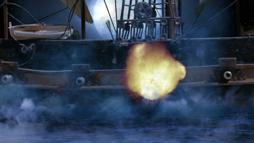 Pirate Colonial Sailboat at Night Firing Cannon Balls at War Close Up, 4K