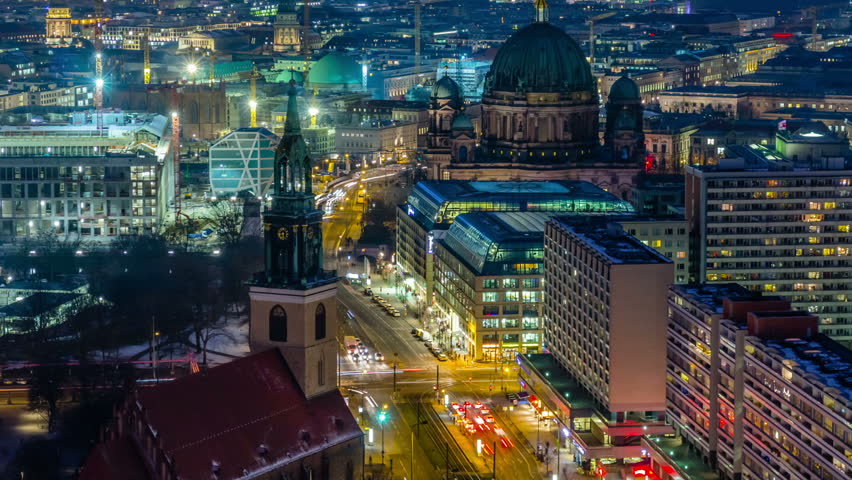 Berlin Skyline City Timelapse with Traffic on Street at evening near Alexanderplatz.