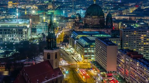 Berlin Skyline City Timelapse with Traffic on Street at evening near Alexanderplatz.