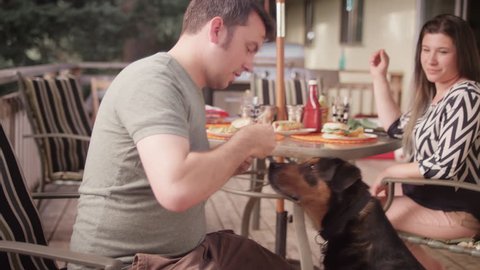 A man training his dog to sit with a piece of hamburger