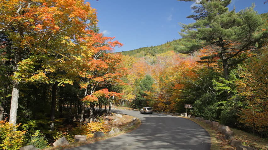 Locked down view of a curve flanked by colorful Autumn foliage. The road is known as Acadia All American Road, or Park Loop Road, in Acadia National Park, Maine.
