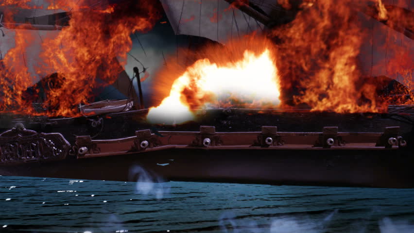 Pirate Colonial Sailboat at War on Fire and Sinking Close Up