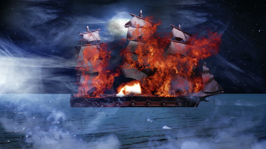 Pirate Colonial Sailboat at War on Fire and Sinking