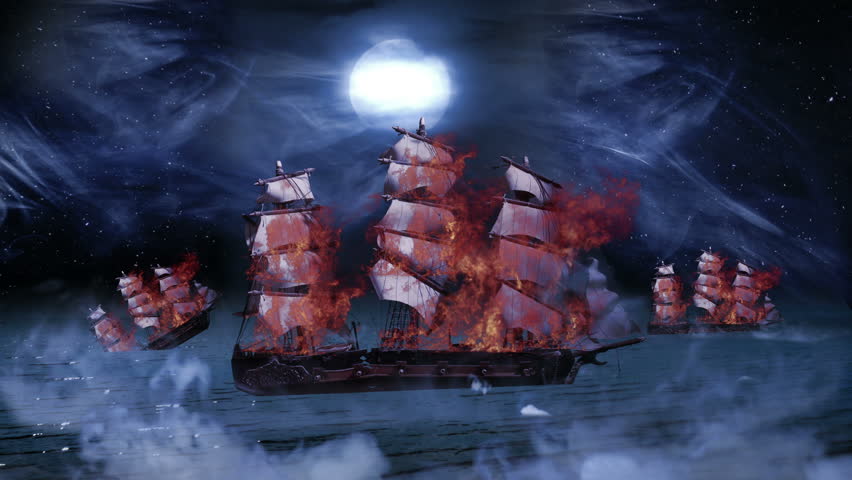 Three Pirate Colonial Sailboat at War on Fire and Sinking into the Sea