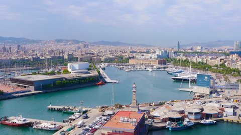 BARCELONA, SPAIN, CIRCA MAY 2015:  Port and embankment area aerial view, flying camera.