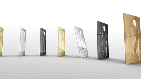 Digital animation of gold and silver credit cards falling in a circle like dominoes against white background
