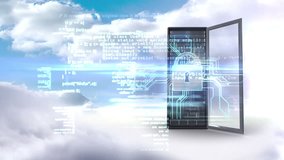 Digital animation of server tower protecting by electronic security on cloudy sky background - Powered by Shutterstock - Get 15% off with code: PIKWIZARD15