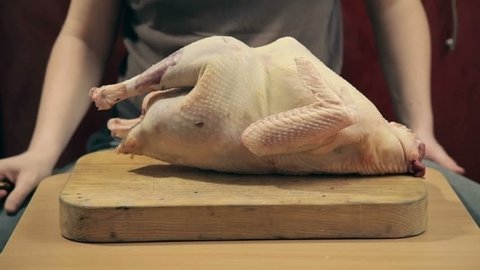 Cook cuts the raw turkey into pieces with a knife  - Βίντεο στοκ