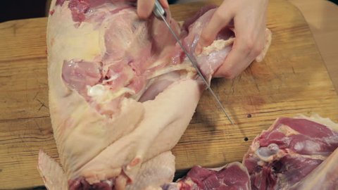 Cook cuts the raw turkey into pieces with a knife Video Stok