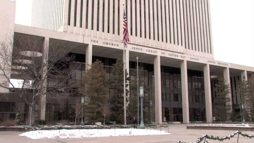 Video of the Headquarters of the Church of Jesus Christ of Latter-Day Saints, LDS or Mormons. Salt Lake City Utah. Zoom up to top of building.