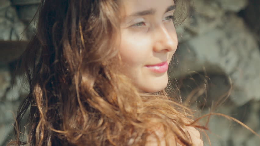 romantic green-eyed girl curly hair wearing Stock Footage Video (100% ...