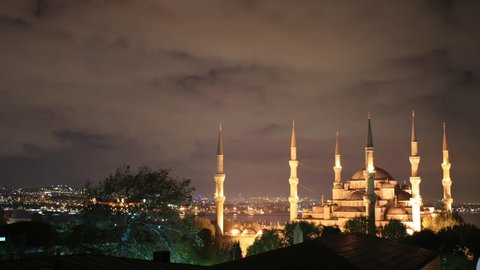 Time lapse Blue Mosque at night in Istanbul