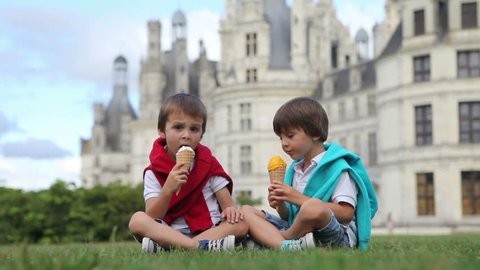 Funny children kids, little boys, eat ice cream on a lawn in the park in front of a big castle in France, Chambord