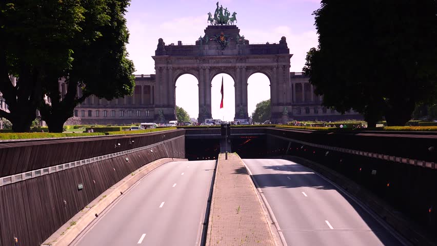 Brussels-circa 2015: The Triumphal Arch in Cinquantenaire Parc in Brussels, Belgium,ULTRA HD 4K, real time, zooming