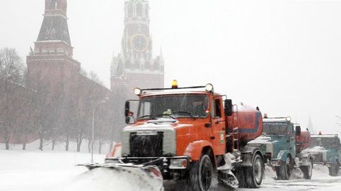 MOSCOW - FEBRUARY 2: Municipal units with plows remove snowfall near Kremlin, February 2, 2010 in Moscow, Russia. February 2010 was the most snowy month for Moscow in 40 years.