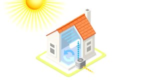 Air Conditioning Unit House Heating Heat Pump Home Cooling System Infographic Clip. Isometric 3d Home Scheme Air Conditioning unit fan cooling. Home Air Conditioning Animated Loop Scheme Movie.