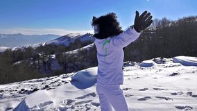 4k Hands raised on the snow mountain top. Freedom concept. uhd steadycam stock video