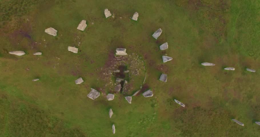 Cinematic aerial shot of Callanish standing stones on the Isle of Lewis, Outer Hebrides, Scotland