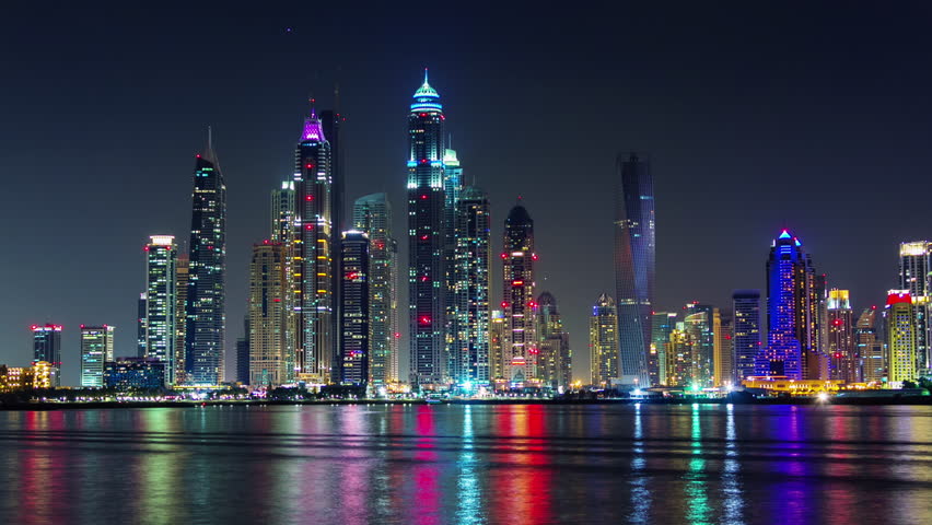 Dubai marina night light illumination palm bay panorama 4k time lapse uae
