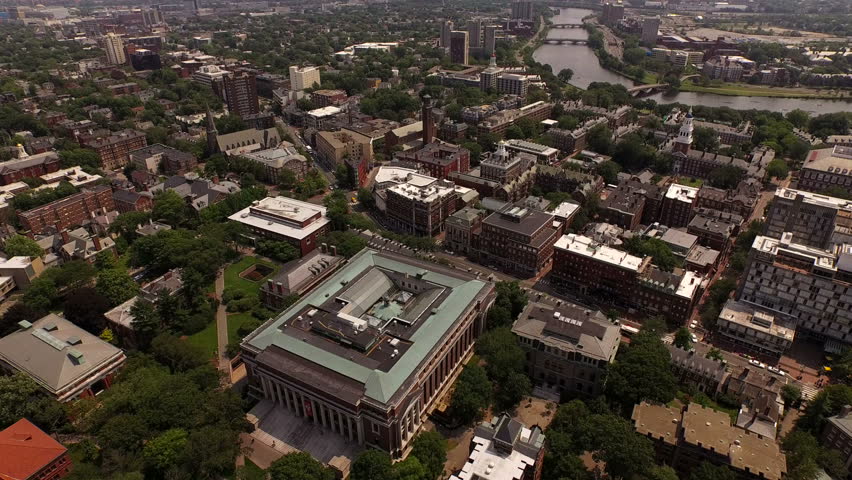Boston Aerial v110 Flying low over Harvard campus panning down.