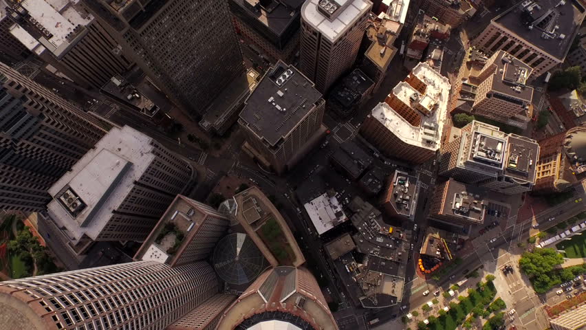 Boston Aerial v39 Flying vertical shot looking down over downtown waterfront area.