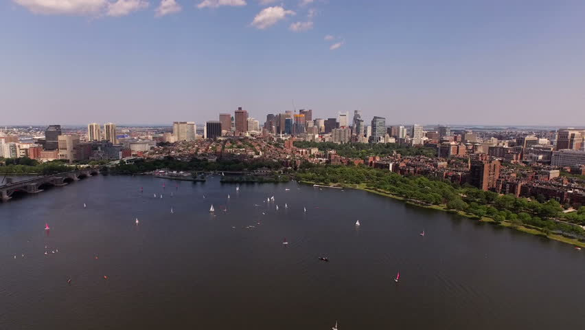 Boston Aerial v23 Flying low over Charles River, Beacon Hill and downtown.