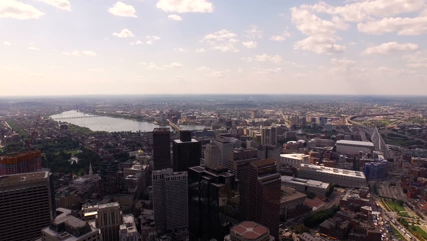 Boston Aerial v30 Flying over downtown panning right with cityscape views.