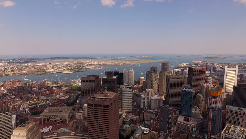 Boston Aerial v29 Flying over downtown panning left with cityscape views.