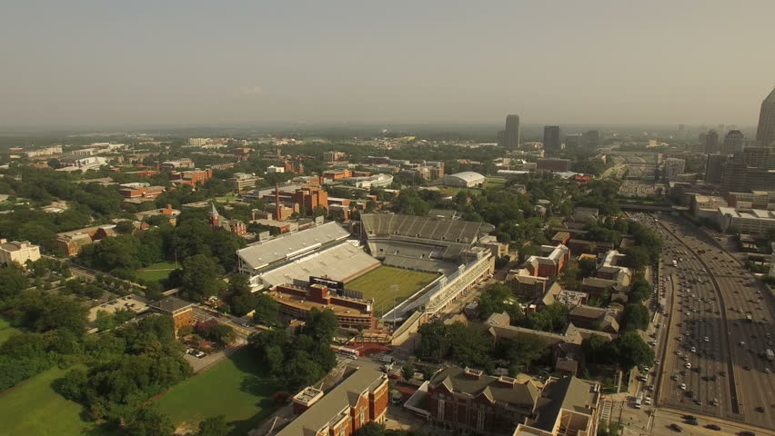Atlanta Aerial v82 Flying low over college stadium and campus.