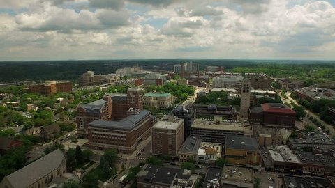 Ann Arbor Aerial v4 Flying low over downtown panning right.