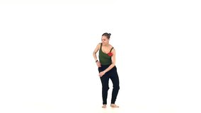 Young, tall, beautiful cool girl, woman social latin dancer making moving dancing, on white background, slow motion