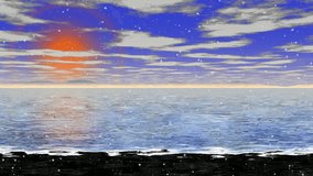 Animated ocean on the black, volcanic sandy beach during the sunset with flying clouds and snowfall. Looped full HD animation. 