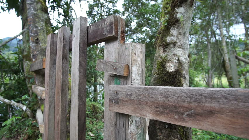 Man walking away from the viewer opening a rustic style gate in a fence along a trail in the wilderness among some trees.