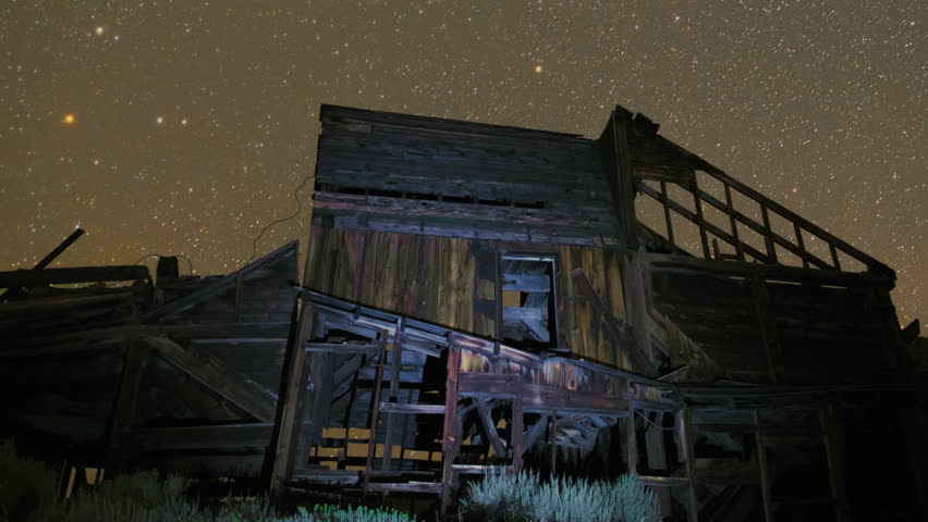 Star Trails Streak Over Abandoned Ghost Town Pioneer Building 