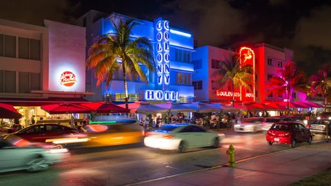 Art deco district, Ocean Drive, South Beach, Miami Beach - CIRCA 2015 - Miami, Florida, USA - timelapse