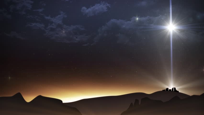 Beautiful sky with twinkling stars and a large bright star above the nativity, in the city of Bethlehem.