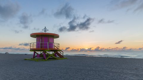 Art Deco style Lifeguard hut on South Beach, Ocean Drive, Miami Beach - CIRCA 2015 - Miami, Florida, USA - timelapse