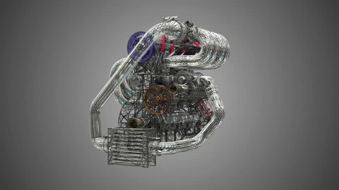 Car engine wire-frame assembling-disassembling animation loop with alpha-matte