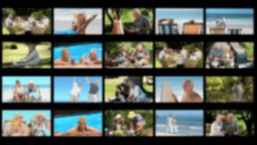 Montage of an elderly couple spending time together and with their family outside