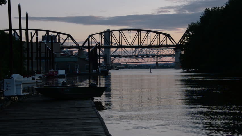 Wide, bridge over the Ohio river at night. Sunset beauty. 1080p HD.