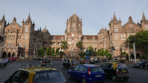 Mumbai, India - September 7, 2015: 4K Video of Chhatrapati Shivaji Maharaj Terminus (CSMT) is a UNESCO World Heritage Site and an historic railway station.